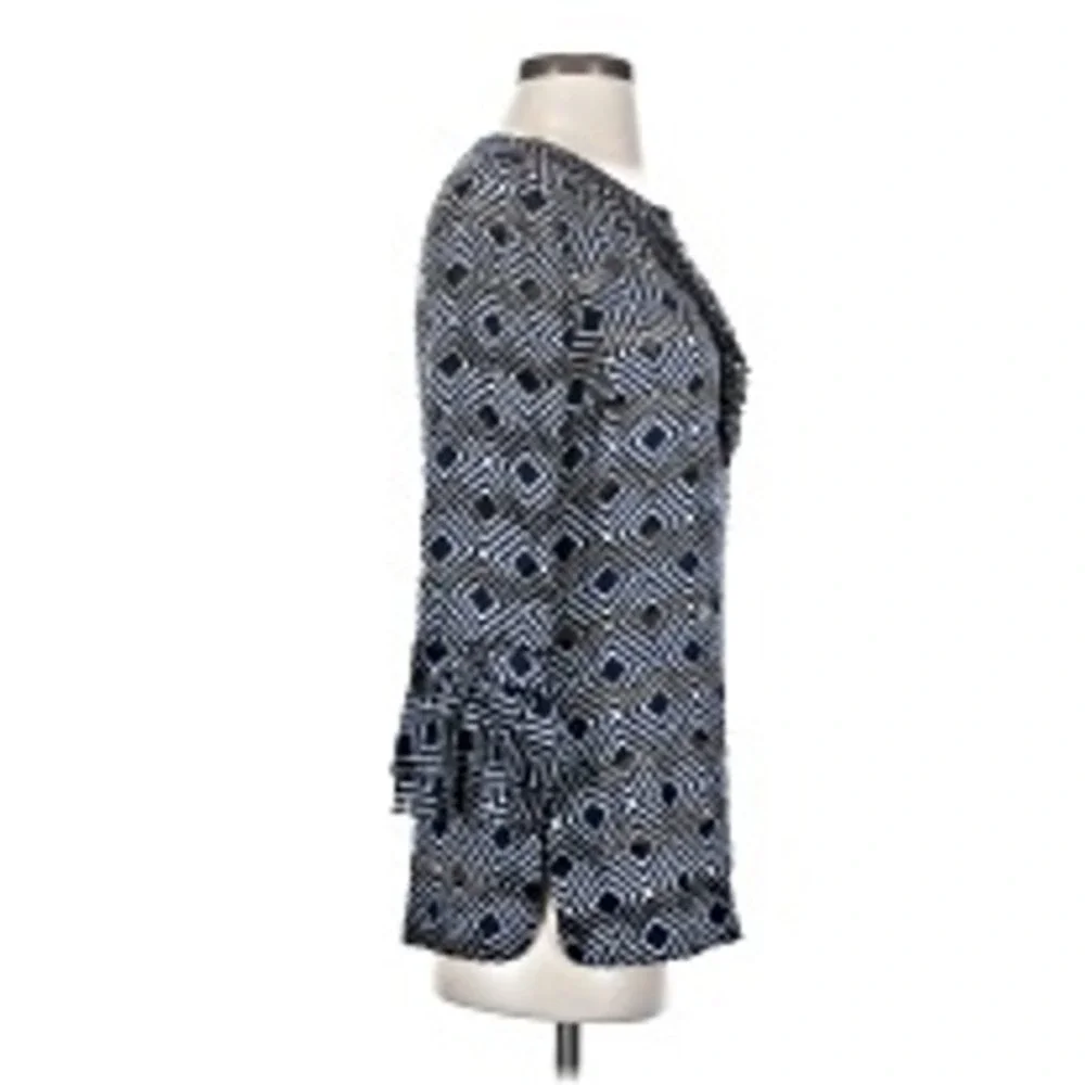 Tory Burch Tunic Women 0 Navy White Geometric Silk Blend Ruffle Split Neck